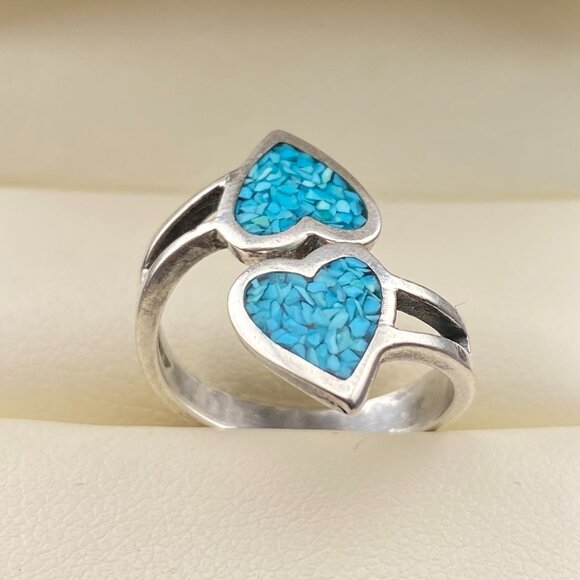 Vintage Sterling Silver Adjustable Ring Turquoise Chip Inlay Double Heart Love - Picture 9 of 12